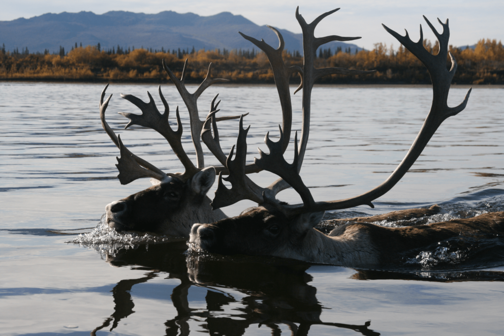 Gates of the Artic National Park lake with a Bull Caribou swimming in it