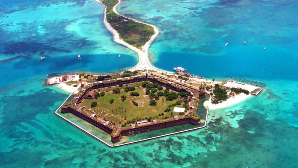 Stunning aerial view of the historic Fort Jefferson, a 19th-century coastal fort located on the picturesque Garden Key in the Dry Tortugas National Park.