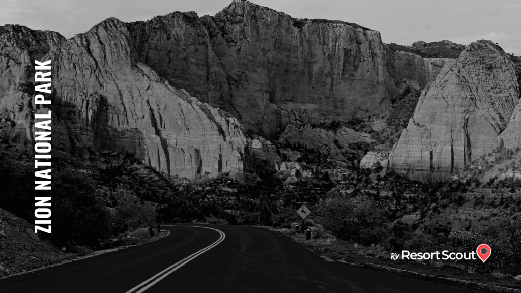 Black and white capture of a serpentine road in Zion National Park, winding through a Rocky Mountain pass, evoking a sense of timeless adventure.